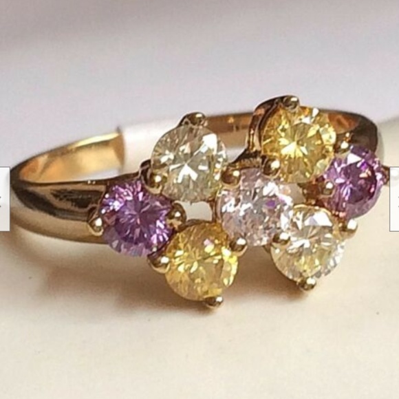 Gold Cocktail Ring Size 9 Amethyst Citrine Yellow Purple Cubic Zirconia Plated - Picture 2 of 8
